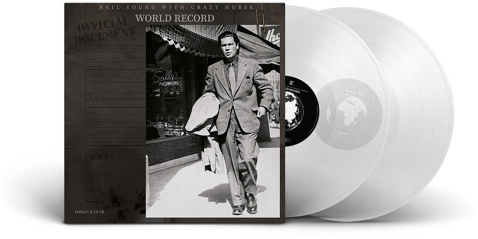 the album cover for Neil Young with Crazy Horse - World Record [Indie Exclusive Limited Edition Clear 2LP]