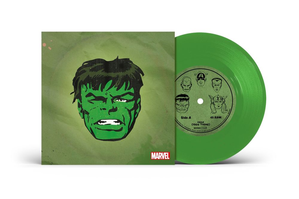 the album cover for Marvel Chorus - Merry Marvel Marching Society (1966 Theme) [Hulk Translucent Green 7" Single]