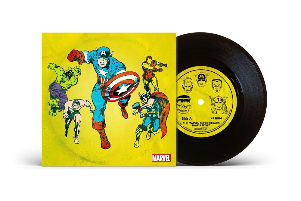 the album cover for Marvel Chorus - Merry Marvel Marching Society (1966 Theme) [The Marvel Super Heroes Have Arrived 7" Single]