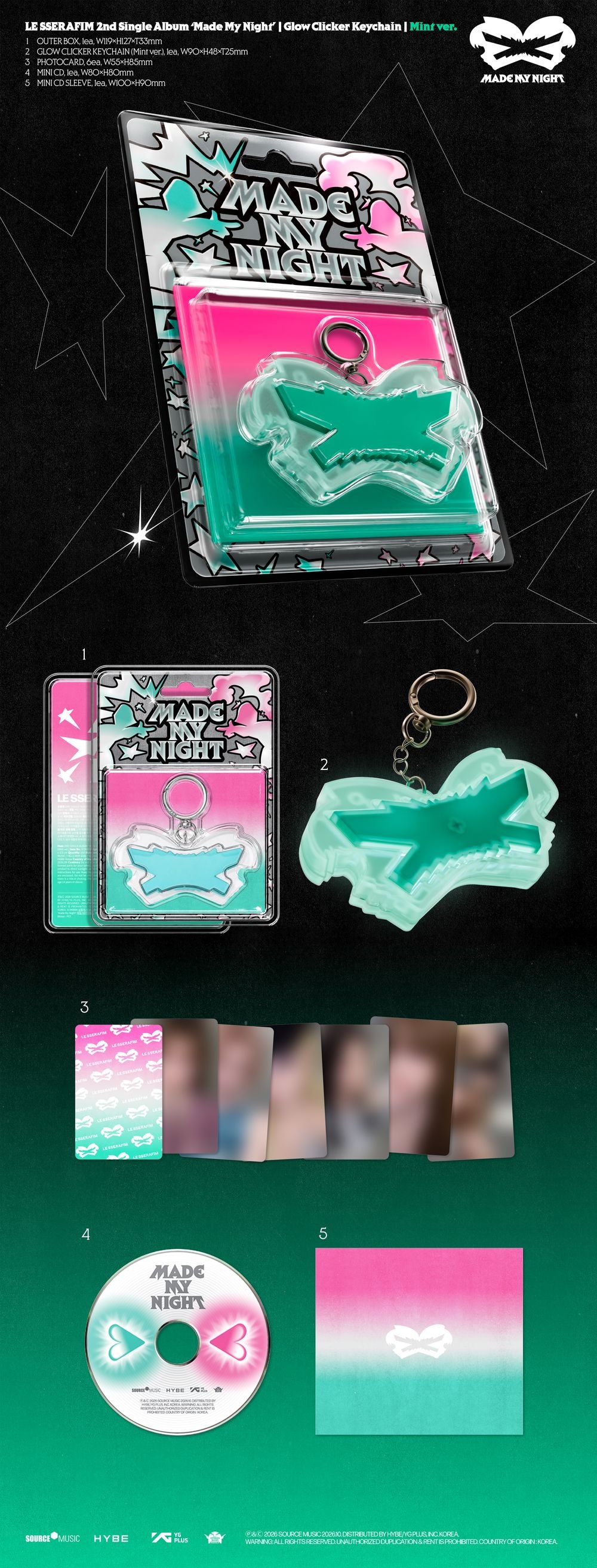 the album cover for LE SSERAFIM - 2nd Single Album 'Made My Night' [Mint Glow Clicker Keychain ver.]