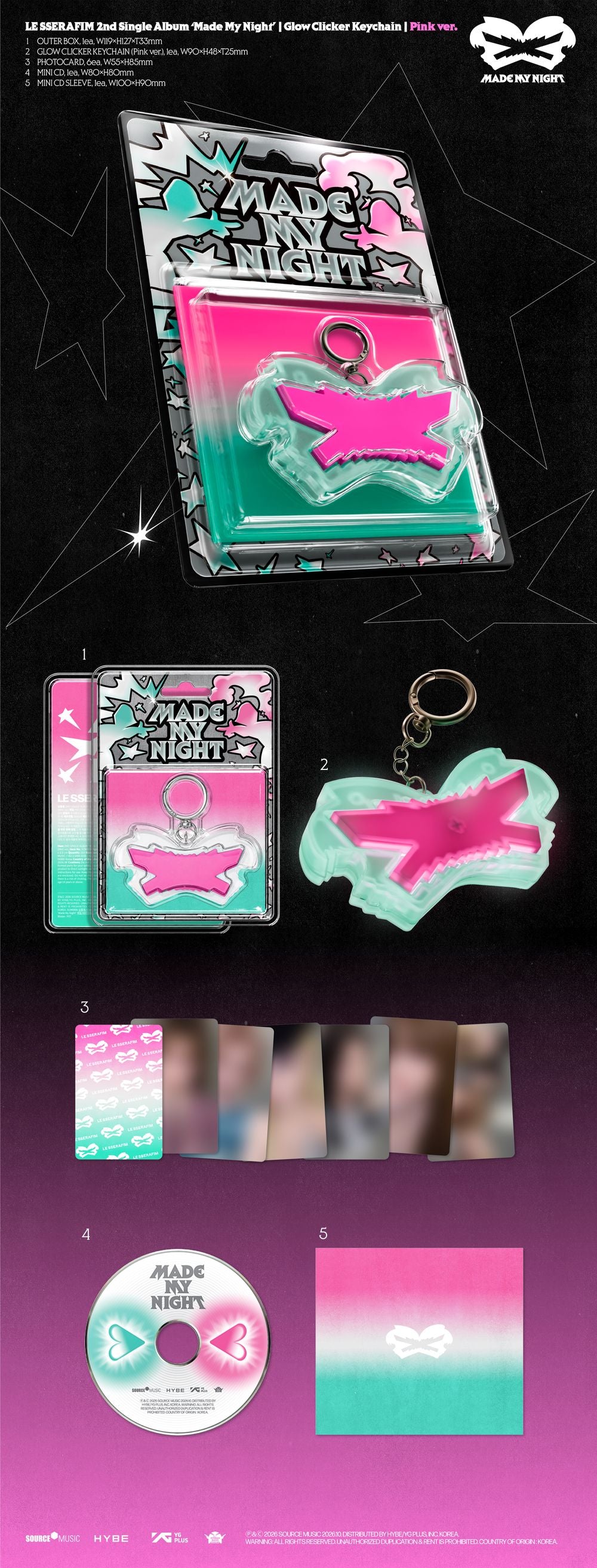 the album cover for LE SSERAFIM - 2nd Single Album 'Made My Night' [Pink Glow Clicker Keychain ver.]