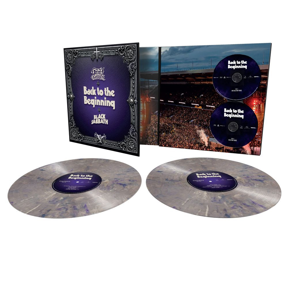 the album cover for Ozzy Osbourne & Black Sabbath - Back to the Beginning [Indie Exclusive Silver & Purple Metallic Splatter 2 LP/Blu-ray/4K UHD]