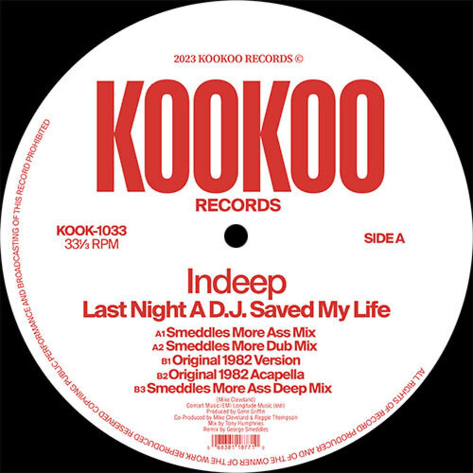 the album cover for Indeep - Last Night A D.J. Saved My Life (4 Mixes) Color Vinyl 160gm