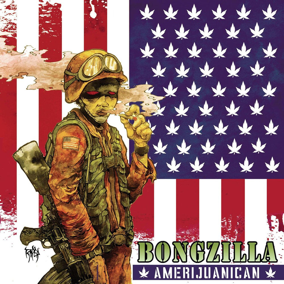 the album cover for Bongzilla - Amerijuanican - [LP Bone White and Swamp Green Galaxy Effect Merge Vinyl]
