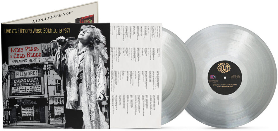 the album cover for Lydia Pense  / Cold Blood - Live At Fillmore West - June 30 1971 - Silver