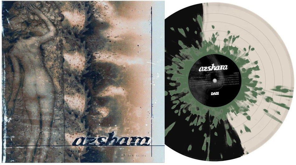 the album cover for Azshara - Ashen Skies [Half Black/Half Bone W/Army Green LP]