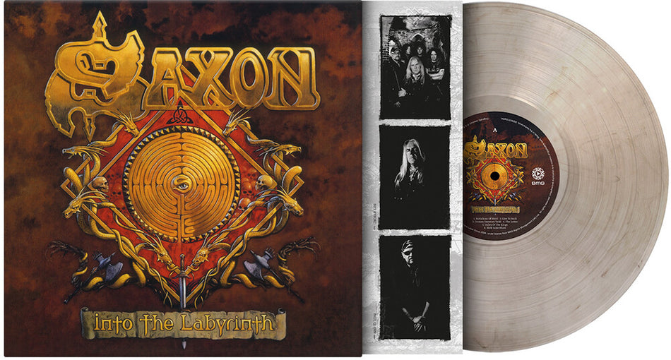 the album cover for Saxon - Into The Labyrinth - Limited 180-Gram Crystal Clear & Black Marble Colored Vinyl