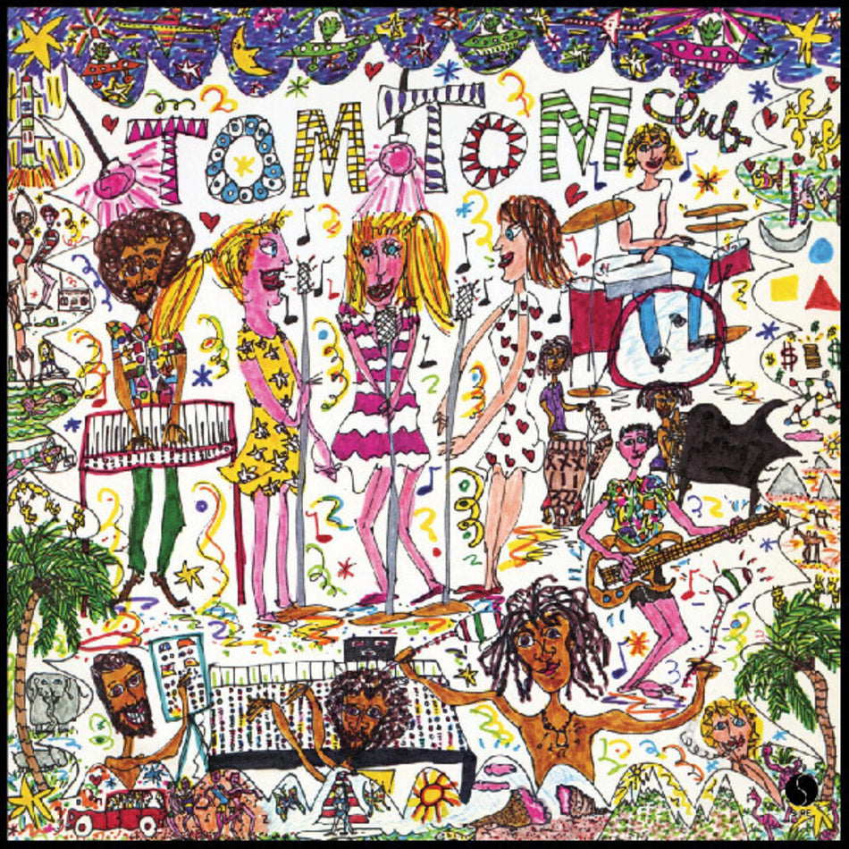 the album cover for Tom Tom Club - Tom Tom Club [Clear Green Pink White Splatter] (Anniversary)