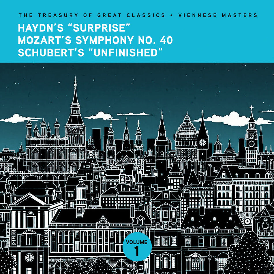 the album cover for Ljubljana Symphony Orchestra & Slovak Phil Orch - The Treasury of Great Classics - Viennese Masters - Vol. 1. Haydn's "Surprise", Mozart's Symphony No. 40 & Schubert's "Unfinishe
