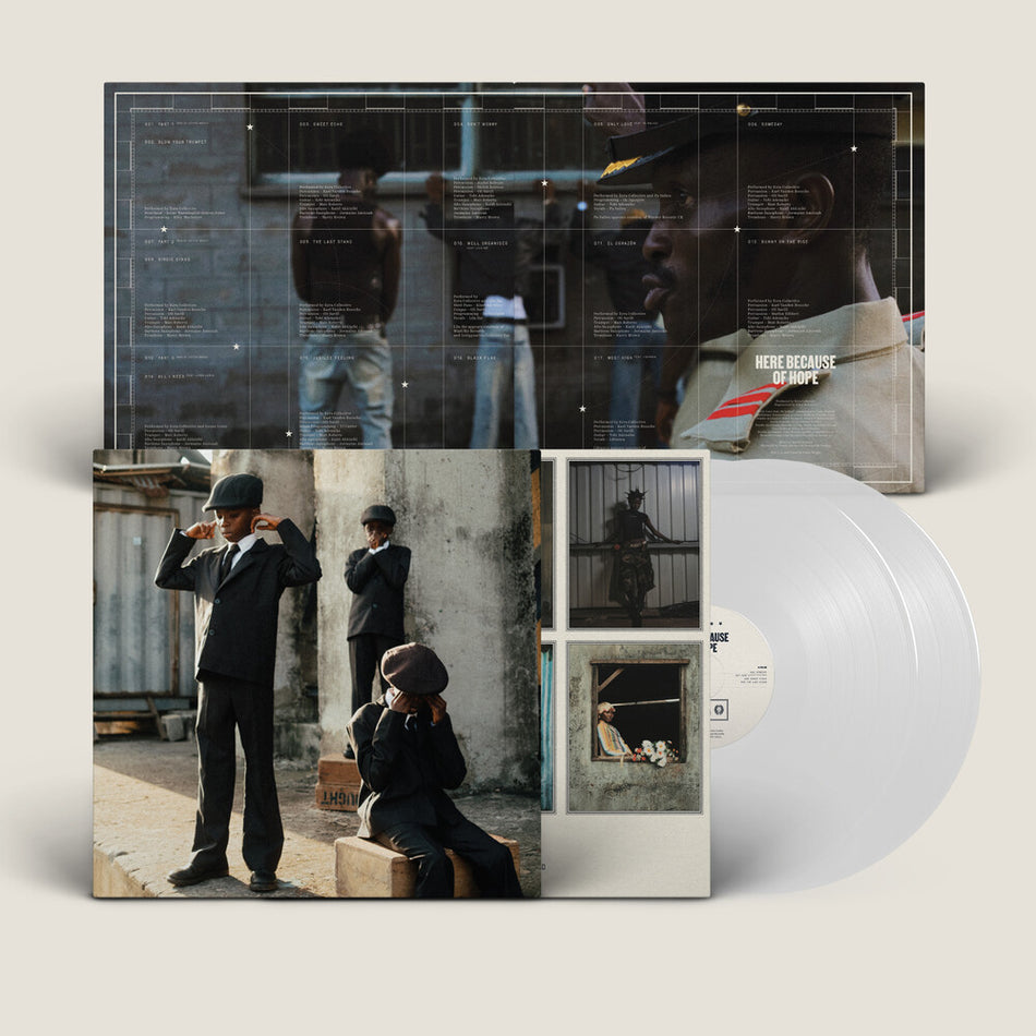 the album cover for Ezra Collective - Here Because Of Hope [Indie Exclusive Translucent White]