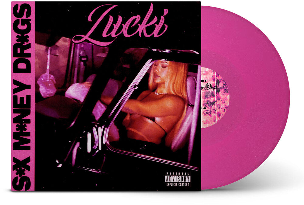 the album cover for Lucki - S-X M-Ney Dr-Gs [Indie Exclusive] Neon Pink Glitter [Colored Vinyl]