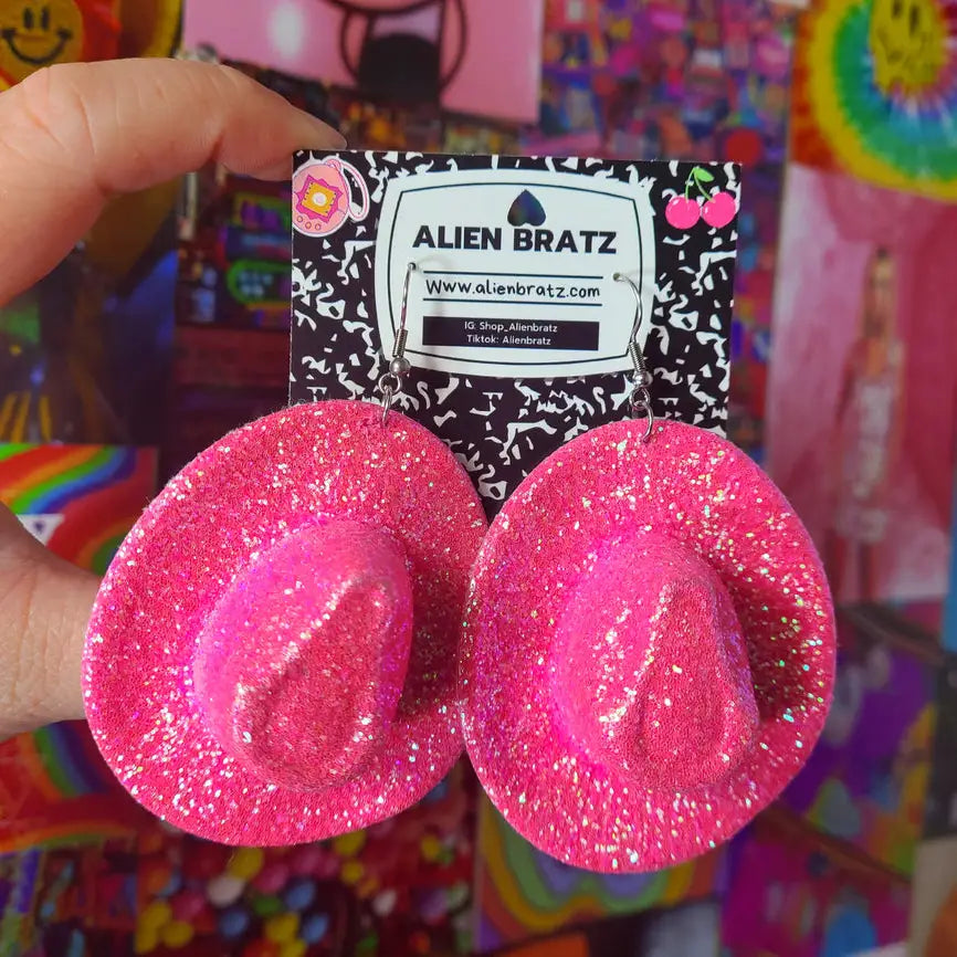 Alien Bratz Pink Glitter Cowboy Hat Earrings